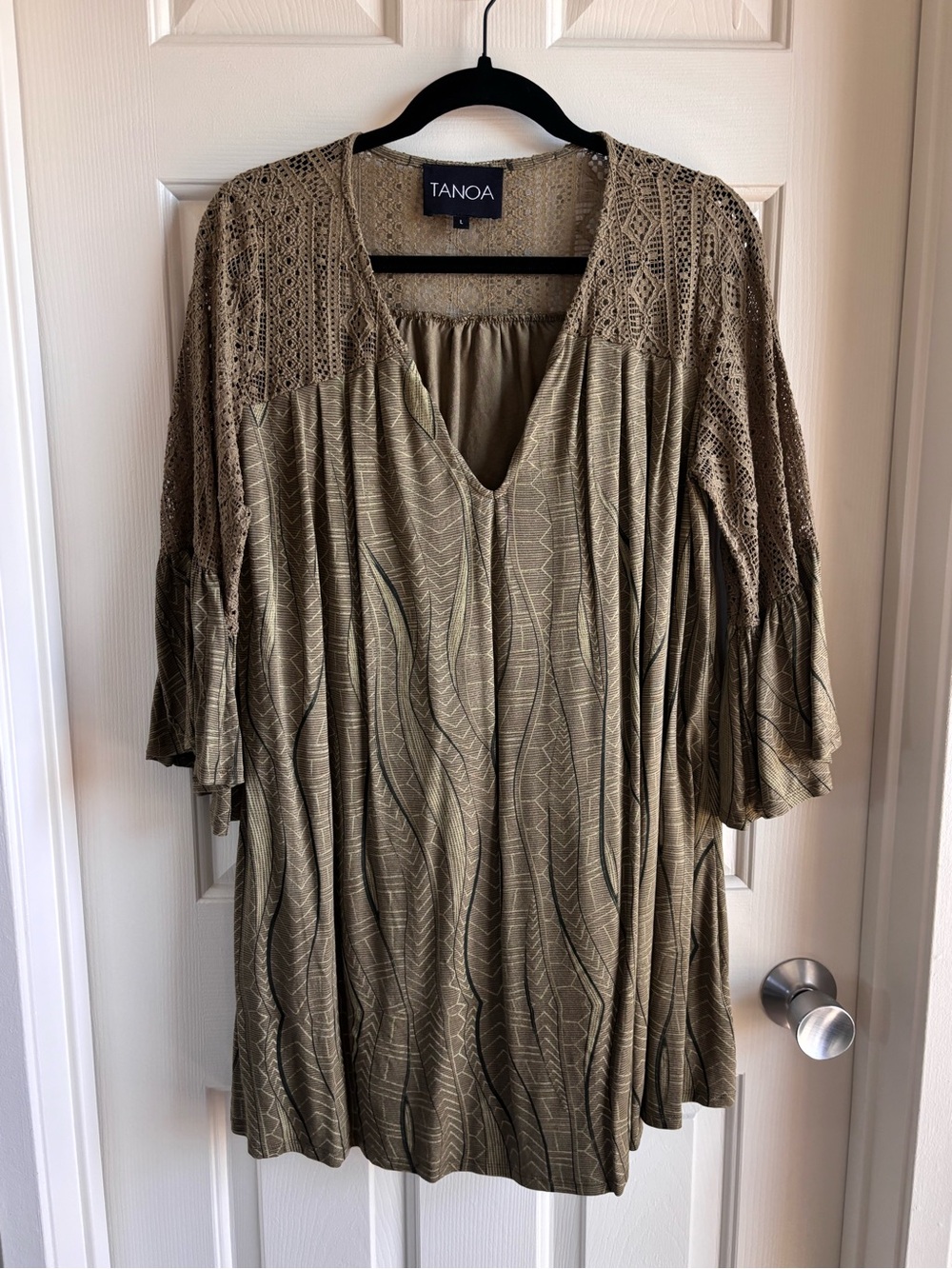 Tanoa Olive Crochet Yoke V-Neck Tunic Top